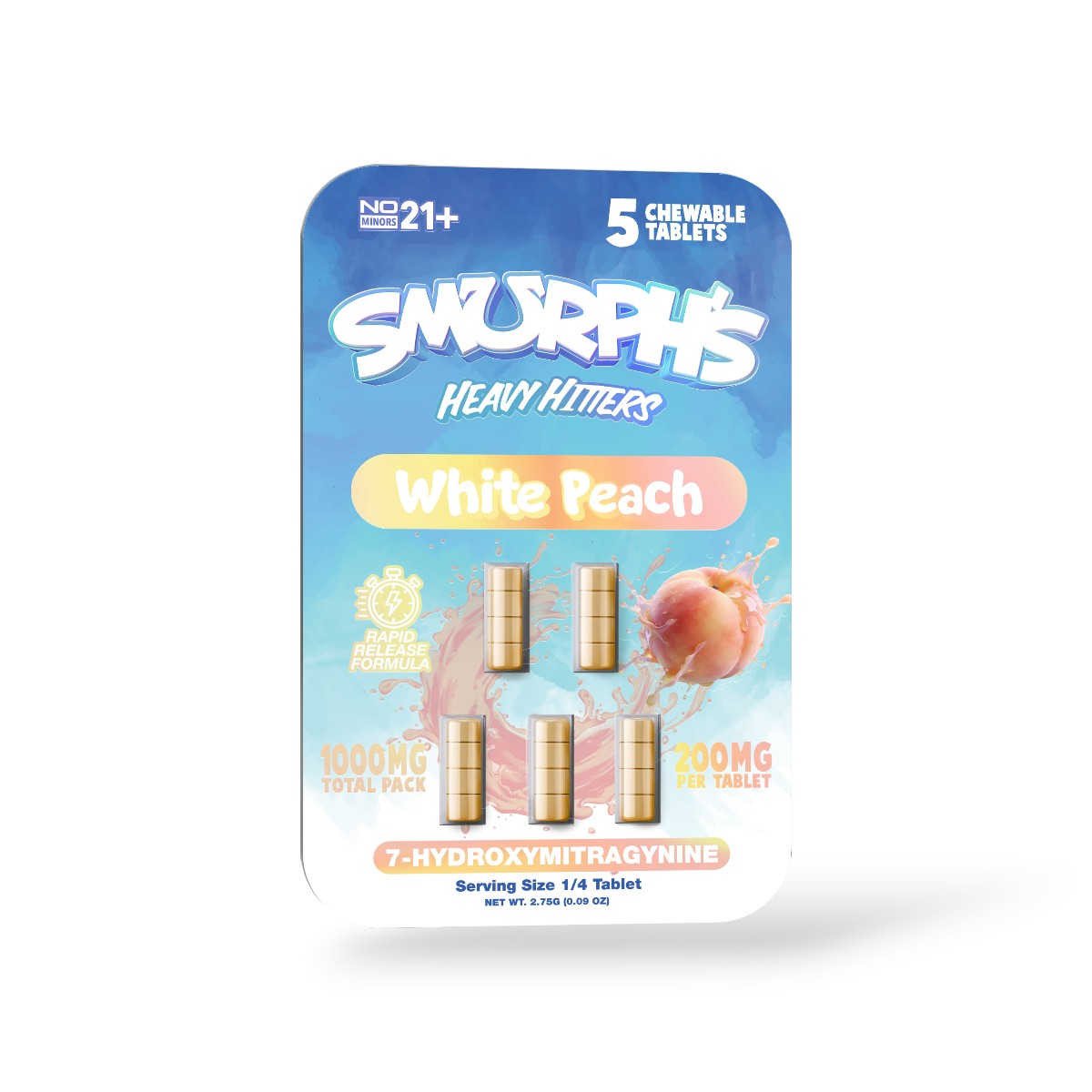 smurphs heavy hitters 7 hydroxymitragynine chewable tablets white peach 200mg 5ct 31552